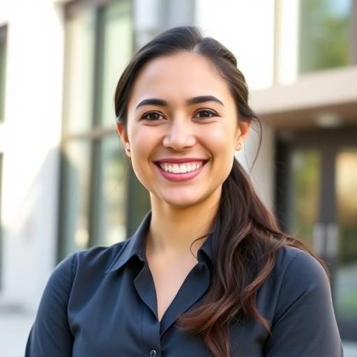 Aria Rodriguez, Studio Manager, smiling in front of the studio building.