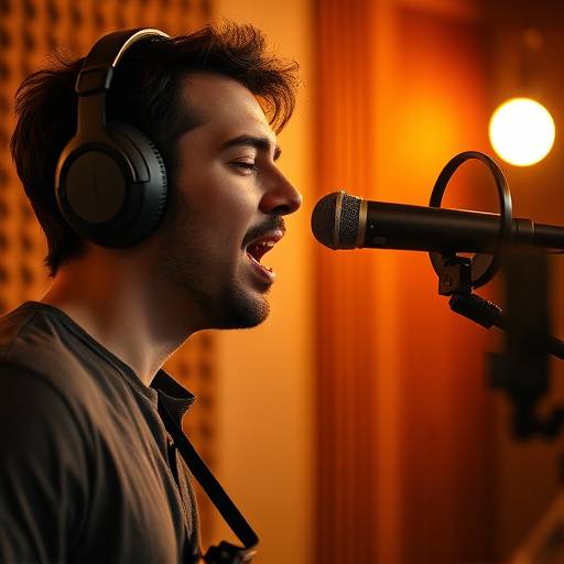 Musician recording vocals in the studio with headphones on.