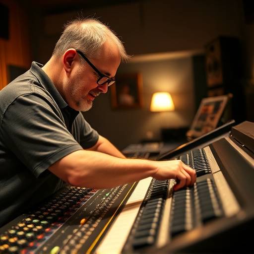 Sam Johnson, Mastering Engineer, adjusting knobs on mastering equipment.